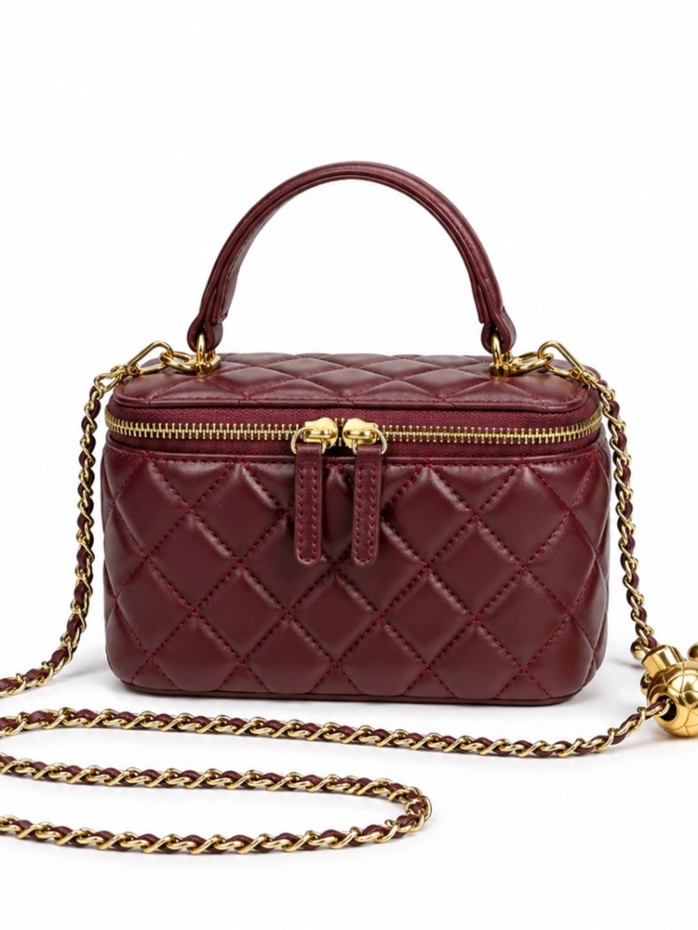 Quilted Burgundy Lambskin Leather Vanity Crossbody Bag Gold Chain Top Handle